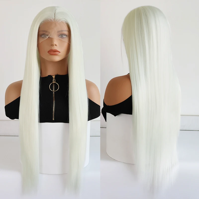 Platinum White Color Synthetic Heat Resistant 13x3 Lace Frontal Long Silky Straight Hair Wig For Women Cosplay Wig High Density