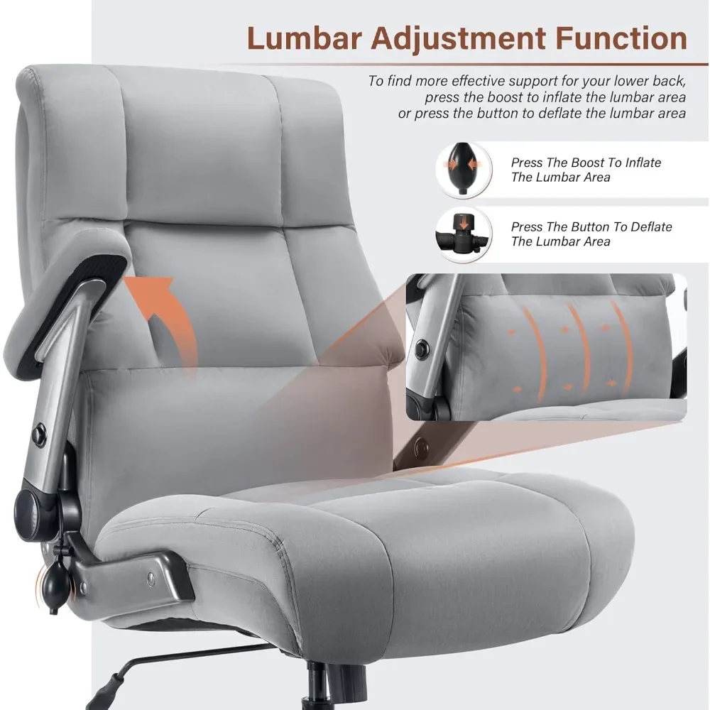 "sturdy fabric executive office chair with adjustable lumbar support and 3d flip-up arms for up to 700lbs capacity"