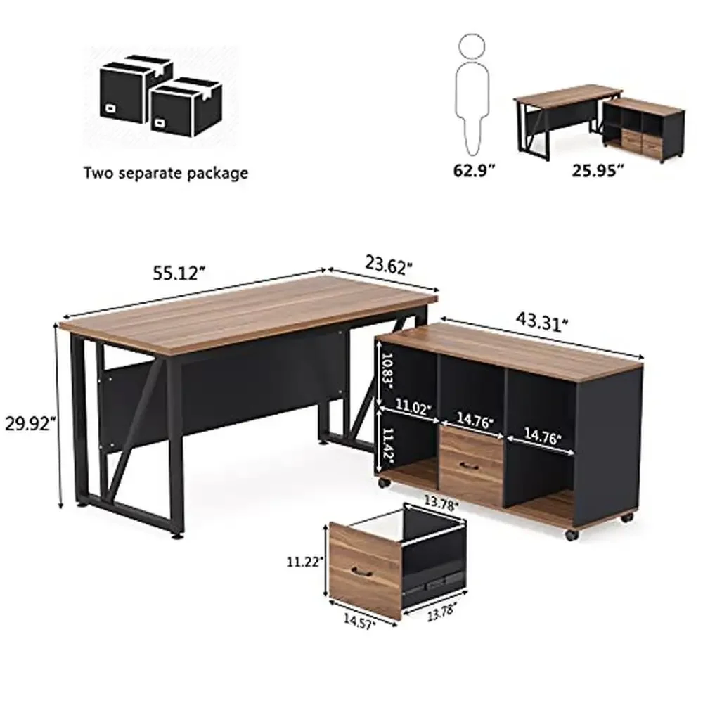 55" Executive Desk with Lateral File Cabinet Modern L-Shaped Computer Desk and Storage Solution 2