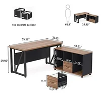 55" Executive Desk with Lateral File Cabinet Modern L-Shaped Computer Desk and Storage Solution 2