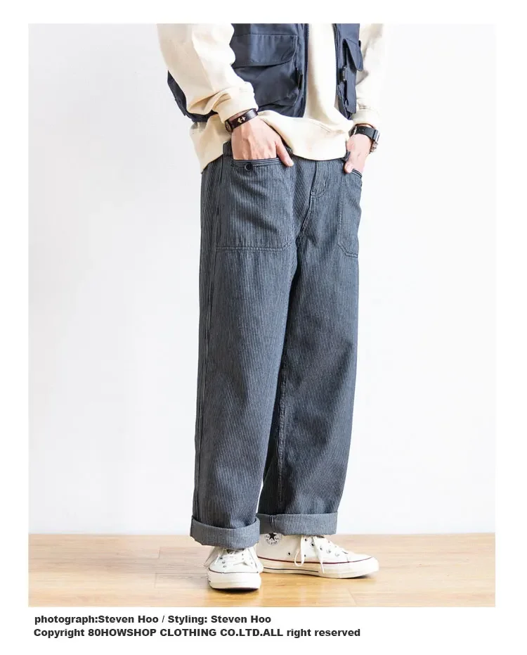 Description Picture 6 of itemJapanese Striped Loose Straight Retro Wide Leg Casual Overalls Men's and Women's Literary Style Grey Pants