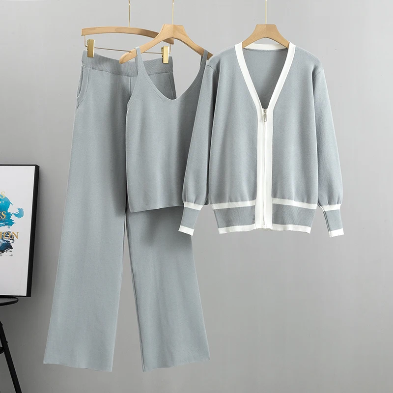 2023 New Fashion 3 Piece Set Women Sexy Vest + Long Sleeve Zipper Cardigan + Elastic Waist Pants Women's Tracksuit Knitted Suit
