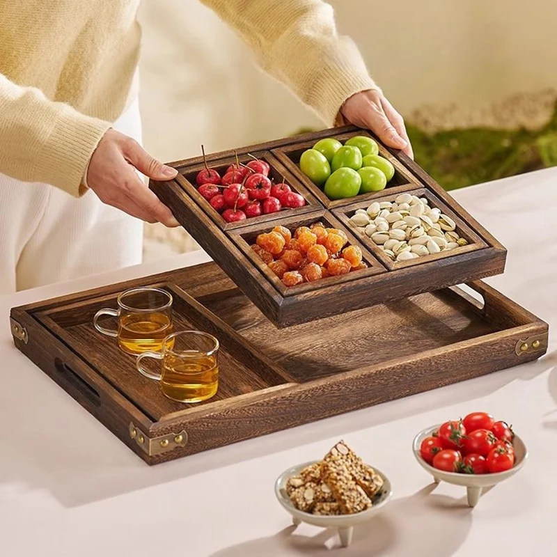GIANXI Dry Fruit Tray Afternoon Tea Tray Snack Fruit Tray multi-lattice Tea Tray Stove Side Tea Chinese Wooden Tray 3