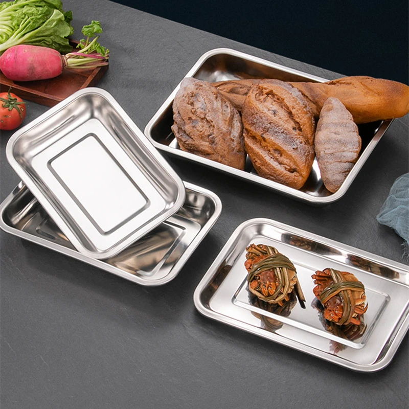 Rectangular Food Shallow Trays Stainless Steel Barbecue Fruit Storage Plate Steamed Dish Pastry Baking Pan Kitchen Utensils 3