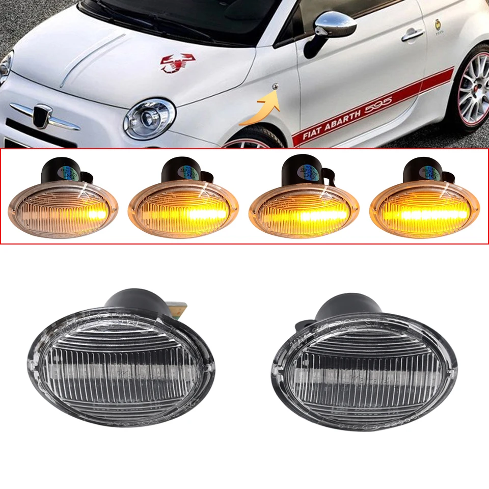 NSLUMO – Indicatori Di Direzione Laterali LED Dinamici Per Fiat 500/Abarth, Ford Ka, Lancia Ypsilon, Alfa 4C – 2 Pezzi, Lente Trasparente, Luce Ambra