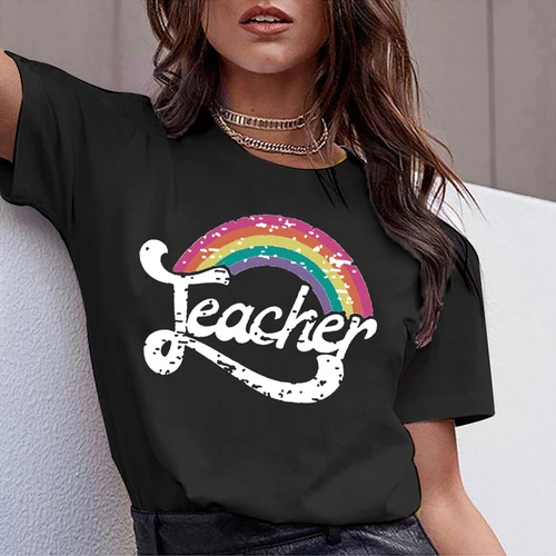 thumbnail image 1 of Camiseta de profesora de arcoíris, moda de verano, Harajuku, viento, letras de arcoíris, camiseta de manga corta de talla grande, Tops de tendencia para mujer, 1 of 5