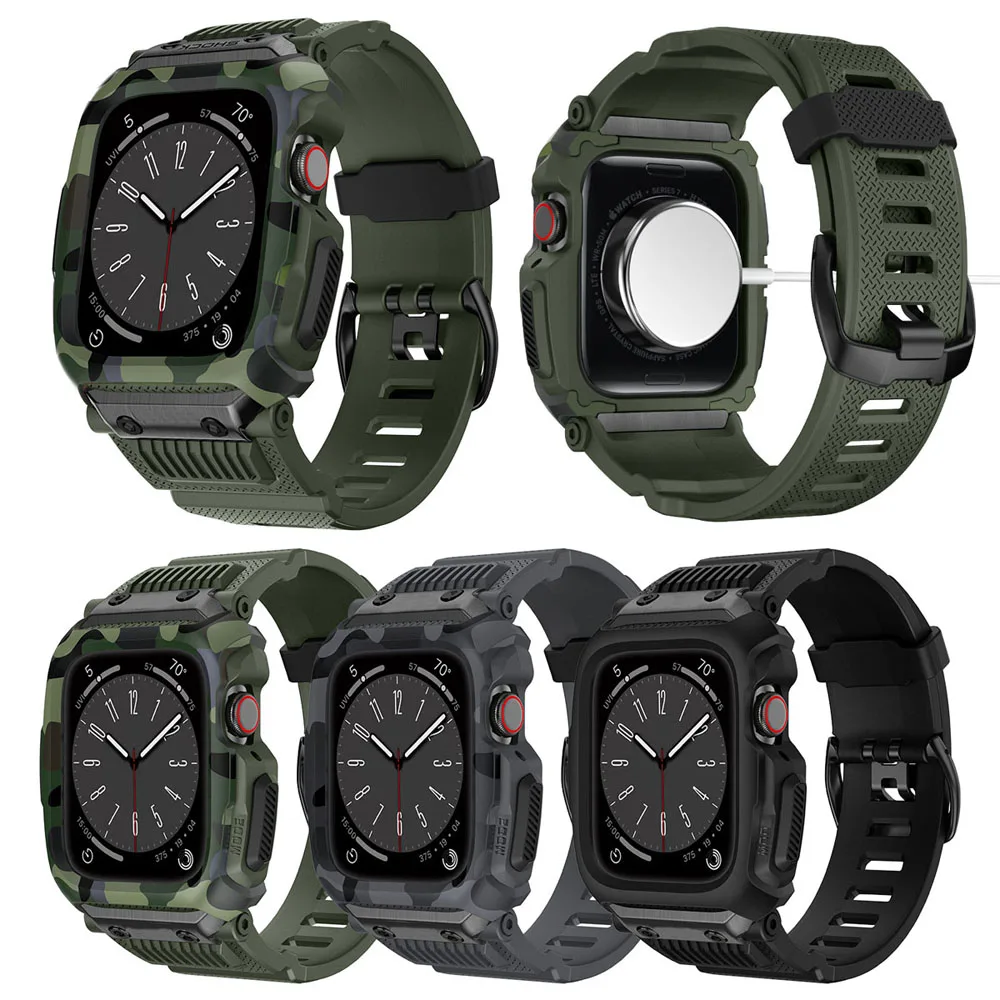 Army Camouflage Sport + Custodia Robusta Per Apple Watch 8 7 5 4 6 Se 45Mm 44Mm Cinturino Militare Integrato Resistente Alla Rop