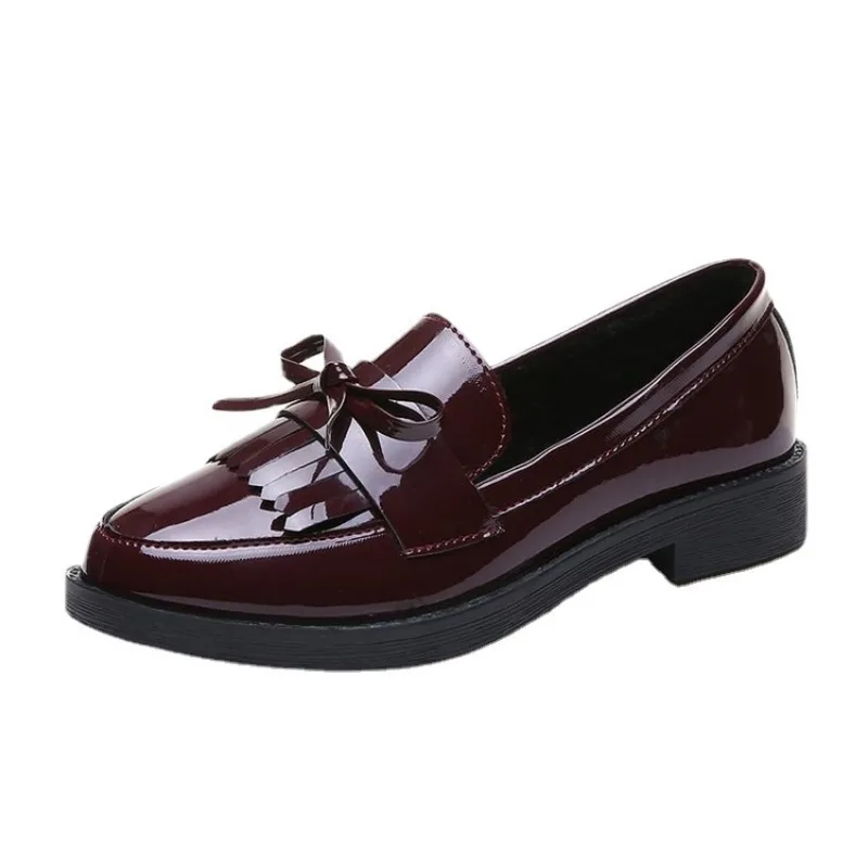 Women's Black Patent Leather Loafers Platform Slip on Shoes for Women 2023 New Spring British Tassel Casual Bowknot Flats Shoes