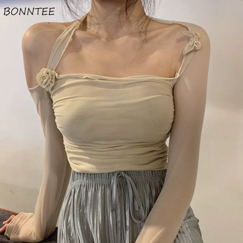 

Женские футболки с длинным рукавом, прозрачные креативные универсальные повседневные Элегантные популярные удобные дамские Весенние Простые в Корейском стиле с цветами