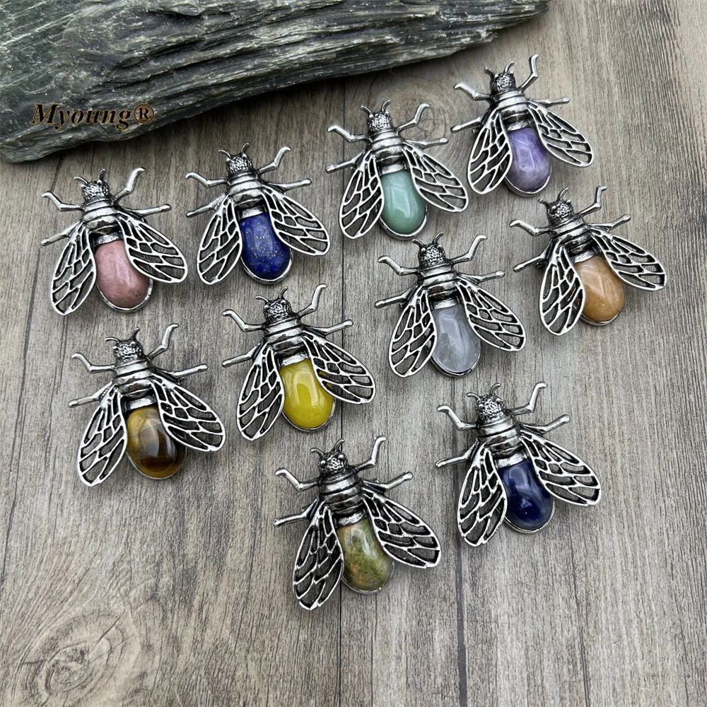 10PCS Natural Gems Lapis Stone Crystal Quartz Amethysts Vintage Bee Brooch Pendant MY230421 2