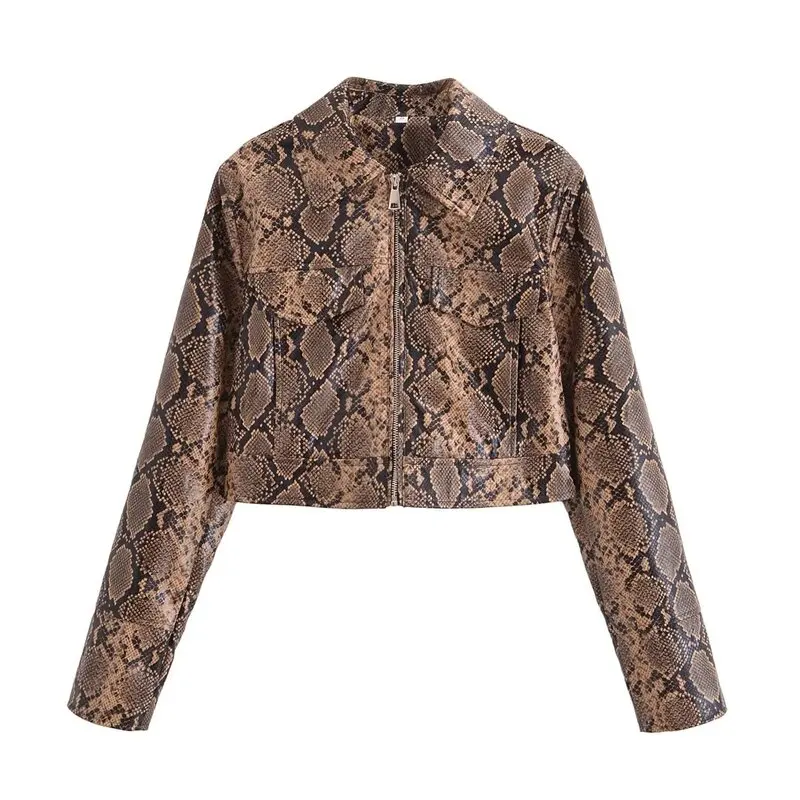 2024 Autumn New Women's Faion Snake Patterned Leather Jaet Versatile Outerwear Commute Sle Straight Cut Regular Thin