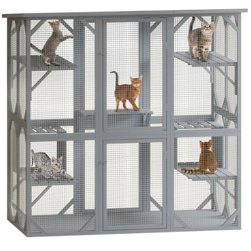 Outdoor Cat House Big Catio Wooden Feral Cat Shelter Enclosure Spacious Interior 6 High Ledges Weather Protection Asphalt Roof