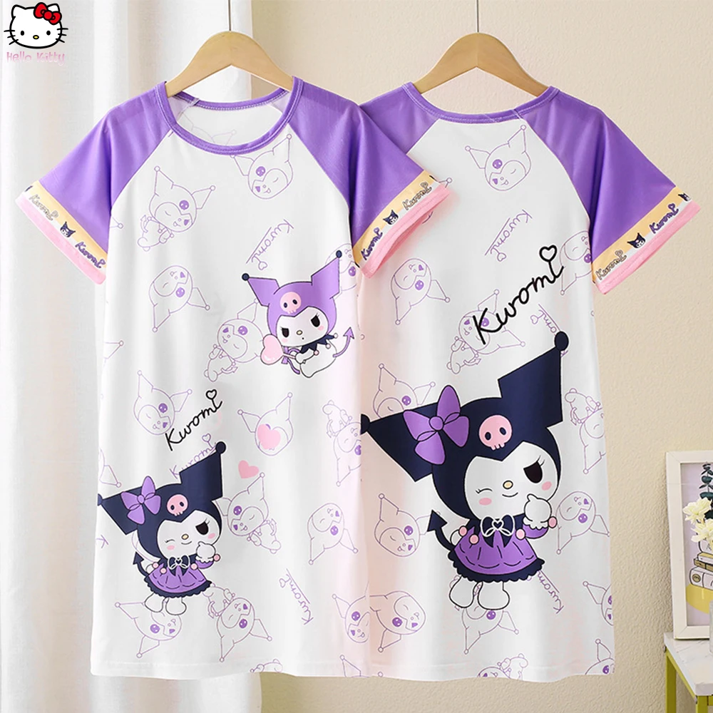 

Kuromi Children's Summer Nightwear Sanrios Cinnamoroll Nightgown Short Sleeve Dress Home Clothing Anime Girls Ice Silk Pajamas