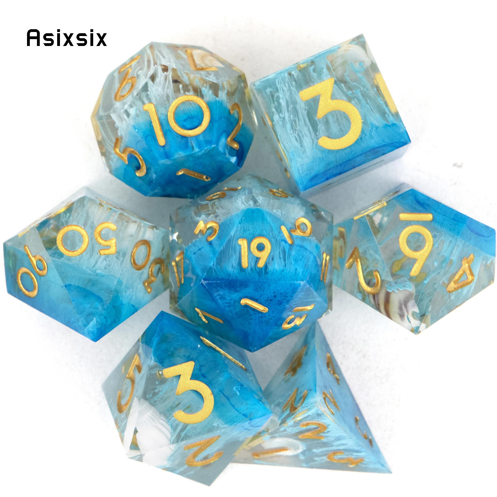 

7 Pcs Blue Golden Number Sharp Edge Resin Dice Polyhedral Dice Suitable for Role-Playing RPG Board Game