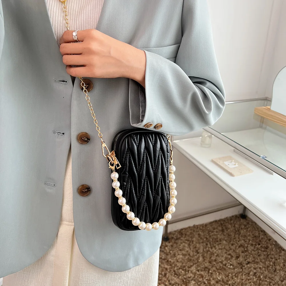 Fashion Mini Shoulder Bag Luxury Brand Design Pearl Chain Crossbody Bag  Women PU Leather Rhombus Phone Pouch Zipper Wallet - AliExpress