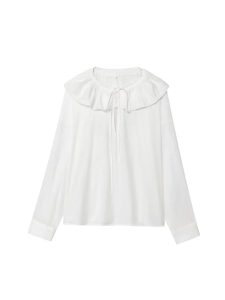TFMLN Spring Autumn Women Ruffles Collar Shirt Long Sleeve Fashion White Pullover Blouse Tops Female Elegant Lace Up Shirt