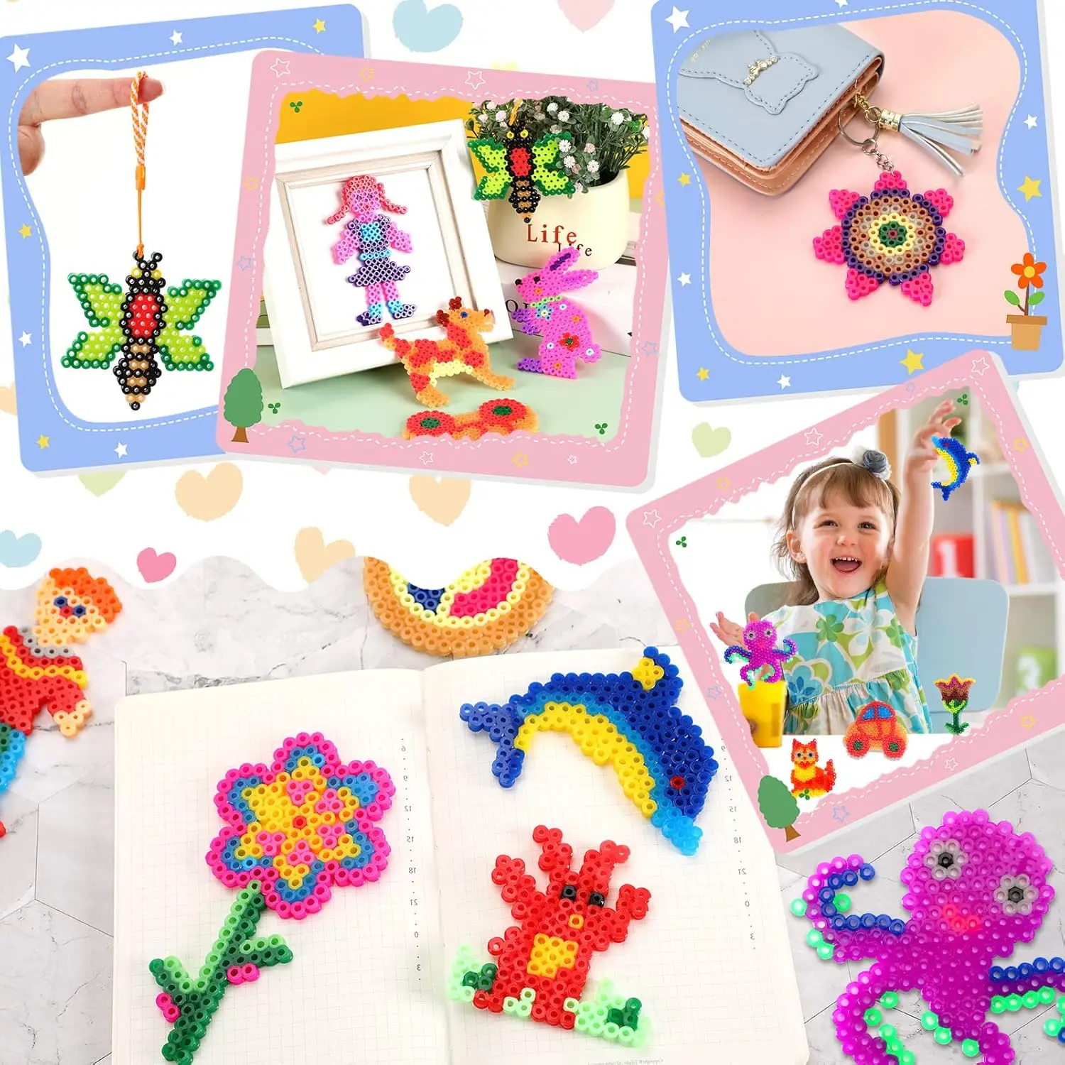 20Pcs 5mm Perler Hama Beads Pegboards Clear Animal Shape Plastic Pegboards with 20 Pcs Colorful Cards for Kids DIY Craft Beads 6