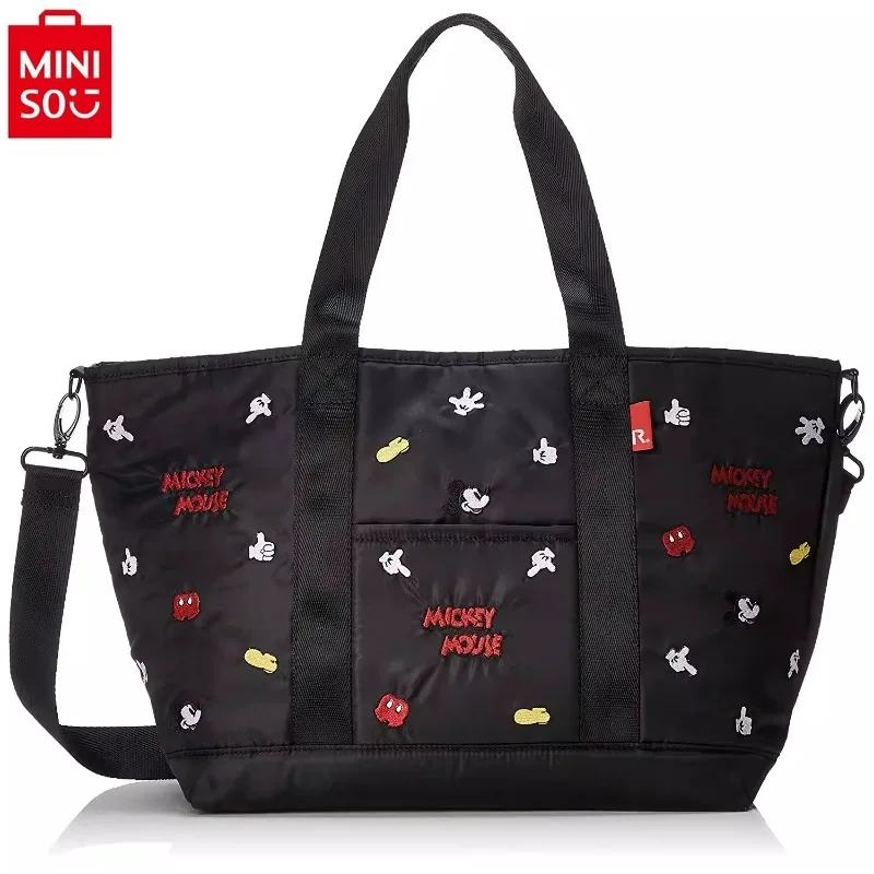MINISO Disney Fashion Embroidered Mickey Printed Tote Bag Women's High Quality Canvas Cute Versatile Handbag