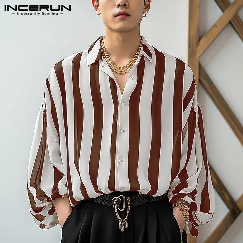 

INCERUN Tops 2024 Handsome Men's Personality Vertical Striped Bishop Sleeve Shirts Streetwear Hot Sale Long Sleeved Blouse S-5XL