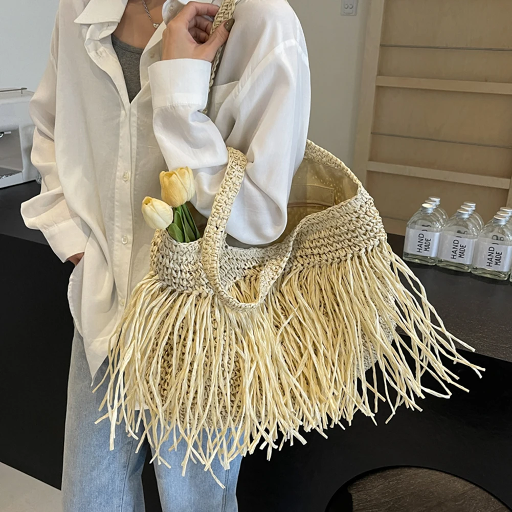 Tassel Shoulder Bag for Women Straw Woven Tote Bag Summer Beach Bags Weaving Handbag for Travel Vacation New 2024 Women's Bag