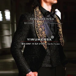 Elegant Suits For Men Wedding Sparkly Lurex Gold Beaded Lapel Blazer Formal Groom Wear Tuxedo Tailore Made 3 Pieces Prom Dress