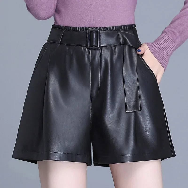 

Leather Shorts for Women Autumn Winter Fashion Leather Women Pants Women's Slim A-line Pant High Waist Straight Trousers шорты