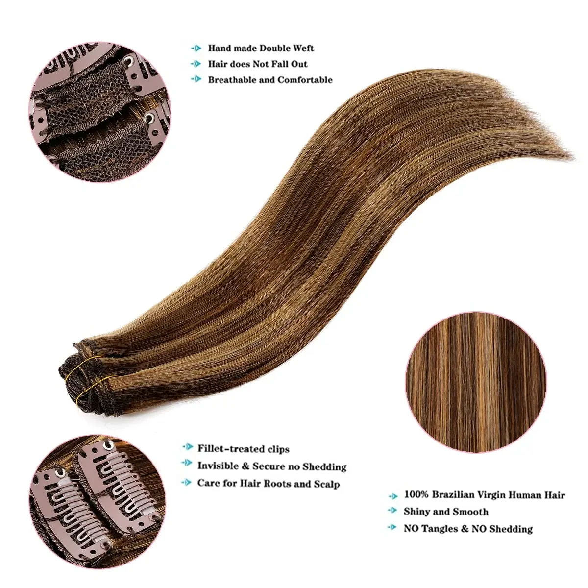 Straight Hair Clip In Human Hair Extensions Real Human #4/27 Brown Highlights Blonde Clip Ins Remy For Women 120G