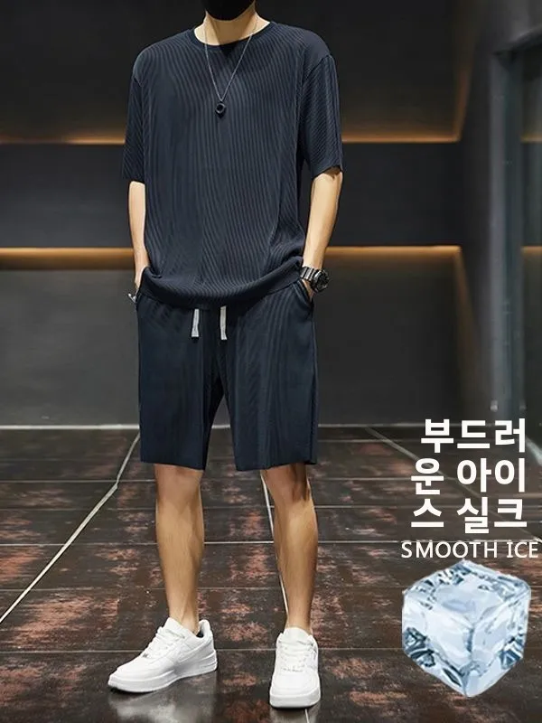 아이스 실크 스포츠웨어 세트 남성 여름 얇은 반바지 반팔 고급감 퀵 드라이 캐주얼 드레이핑 스포츠웨어