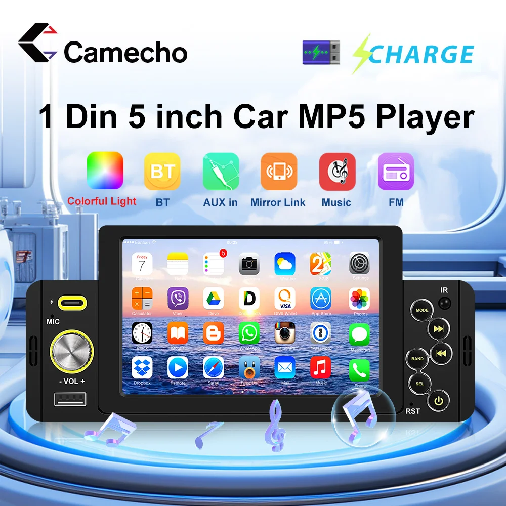 

Автомобильный радиоприемник Camecho 1Din, 5-дюймовый сенсорный экран, монитор, Bluetooth, FM-радио, задняя камера, поддержка TF/USB MP5, мультимедийный плеер