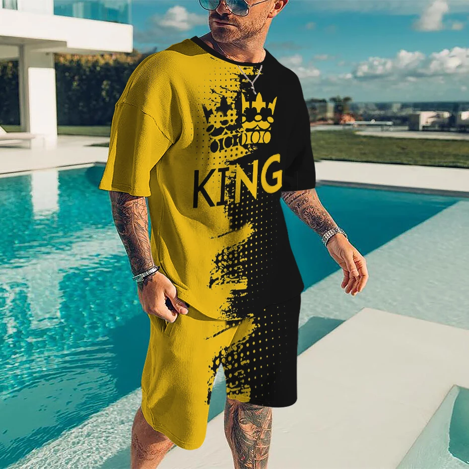 Summer Print KING T Shirt For Men Beach Short Sleeve Shirts Two-piece Male Tracksuit Harajuku Men's Clothing Set Luxury Outfits