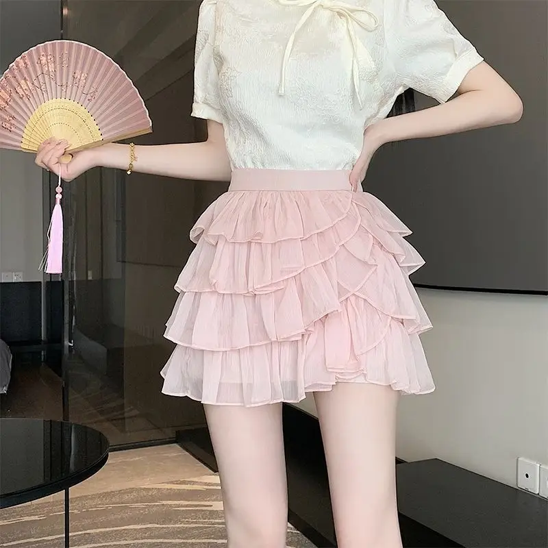 

Sweet Summer Women's Elastic Waist Solid Color Ruffles Gauze Asymmetrical Fashion High Waist A-line Slim Ball Gown Cake Skirt