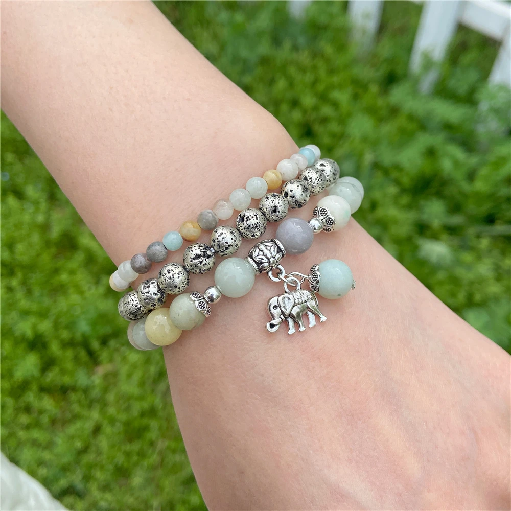 

3pcs/set Amazonite Beaded Brcacelet Stretch Rope Natural Stone Beads Bracelet Women Men Handmade Bangles Jewelry Bracelet Gifts