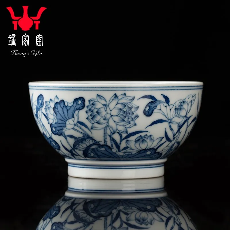 

Zhongjia Kiln Tea Cup Jingdezhen Kung Fu Tea Cup Handmade Blue and White Wood Kiln Firewood Lotus Master Cup Single Cup Large