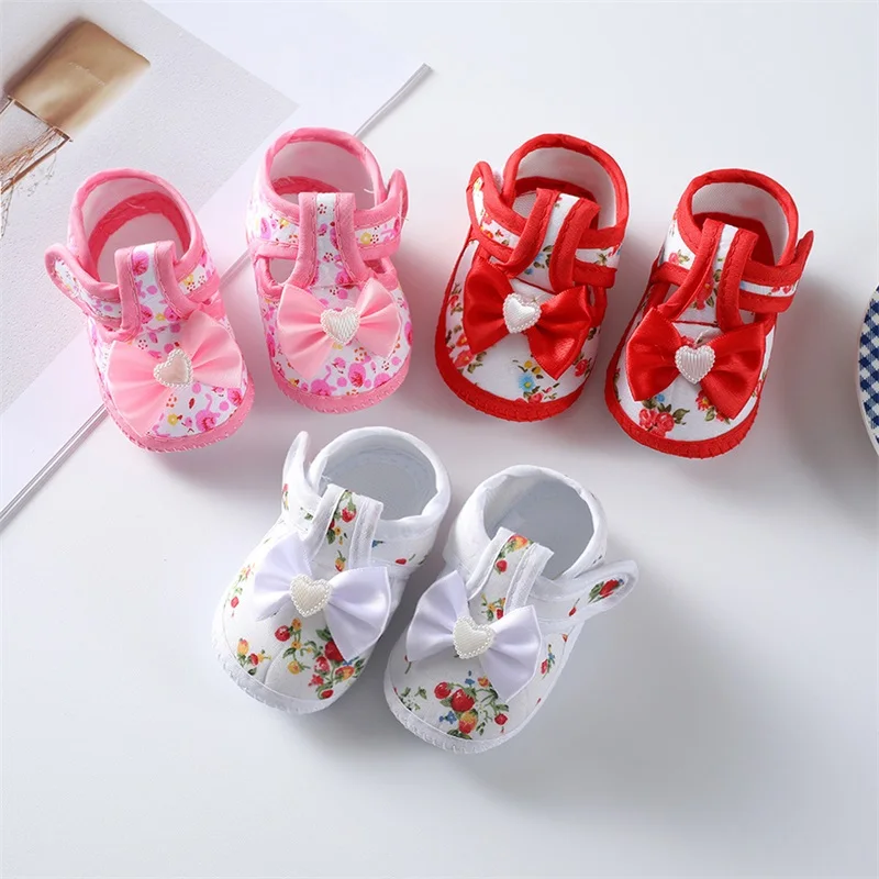 0-18months Baby Girls Flat Shoes Soft Sole Bowknot Flower Print Non-Slip Shoes For Infant Girls Indoor Outdoor First Walkers