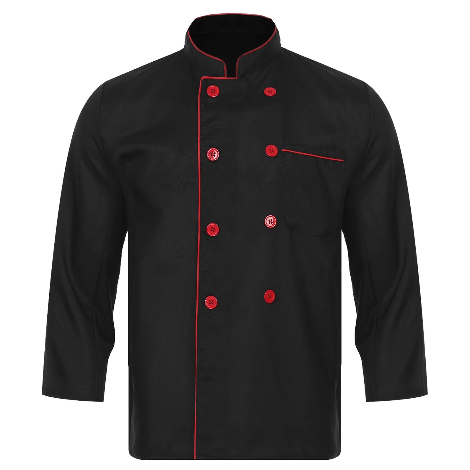 thumbnail image 1 of Uniforme de Trabajo de cocina para restaurante y Hotel para hombre y mujer, chaqueta de Chef de panadería con cuello alto contrastante, Tops de manga larga con doble botonadura, 1 of 5