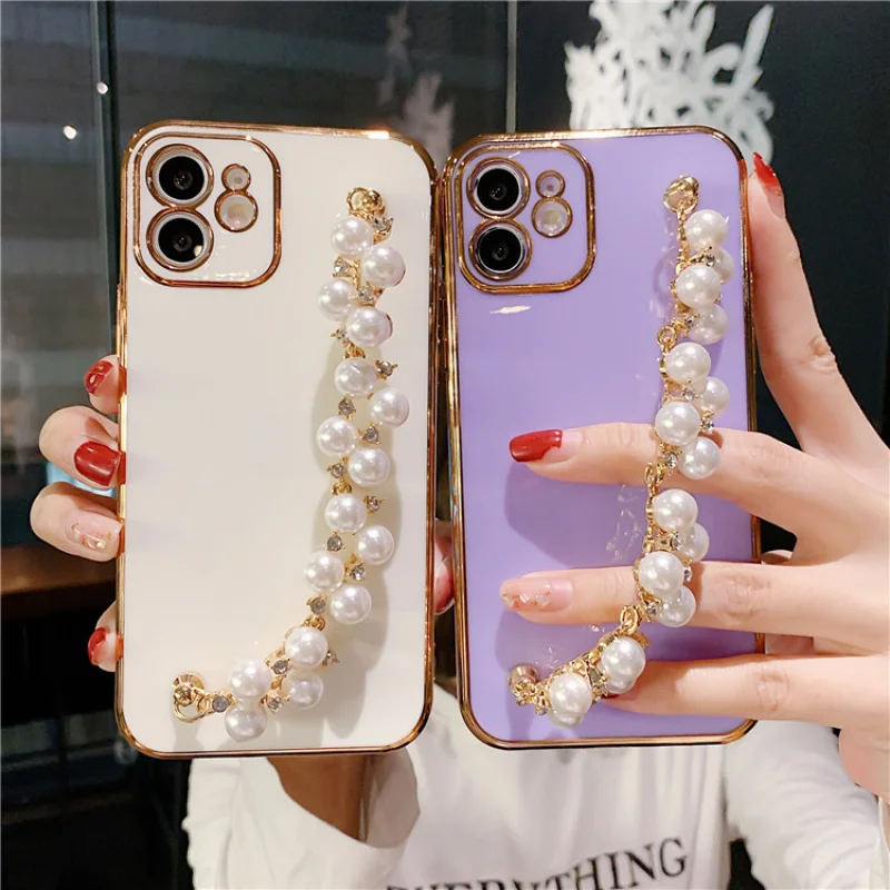 

Suitable for plating iPhone 12 apple 15promax pearl bracelet phone case 14/8plus full package 13 soft case