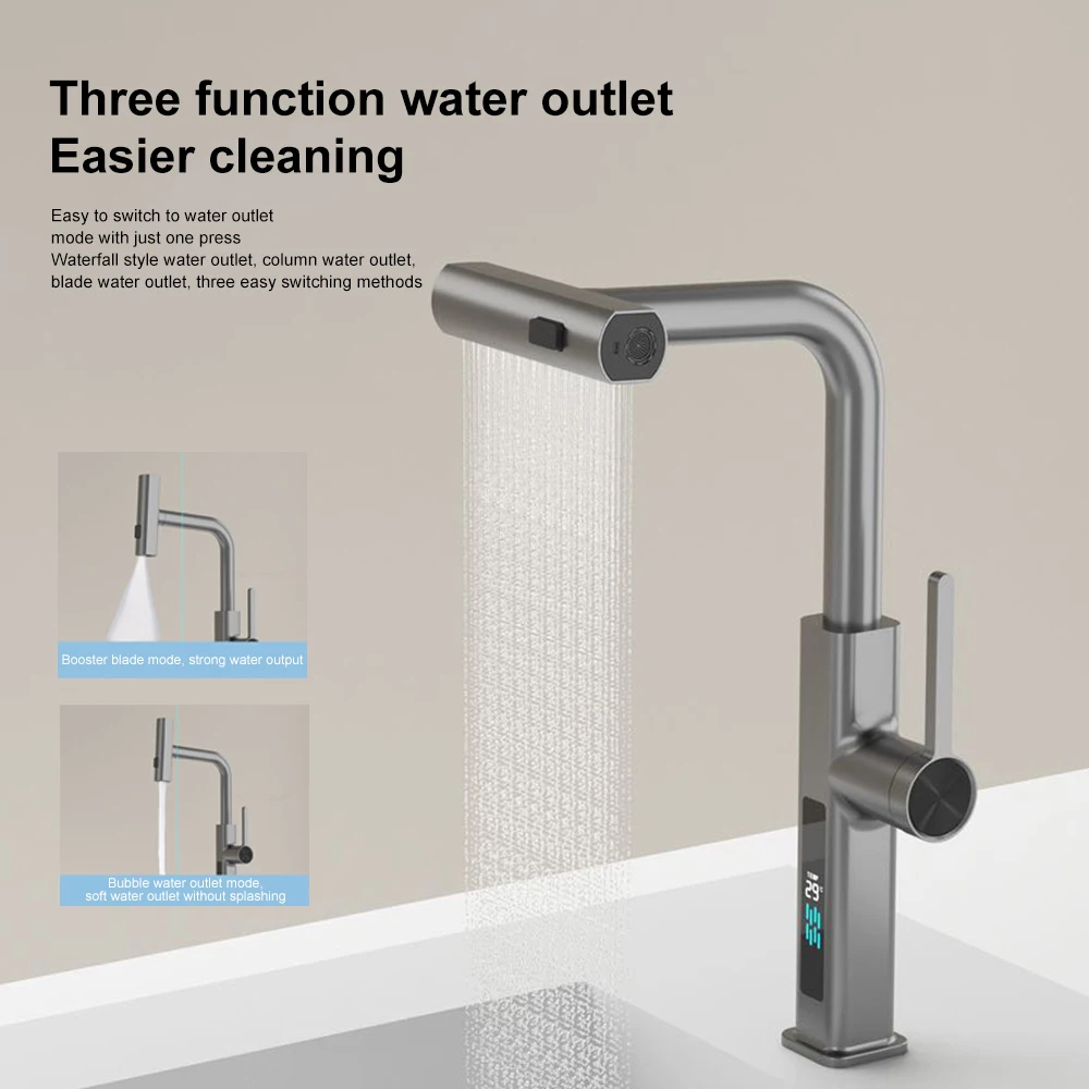 

Waterfall Faucet Digital Display Pull out Stream Sprayer Hot Cold Water Sink Mixer Wash Tap For Kitchen Basin Faucet