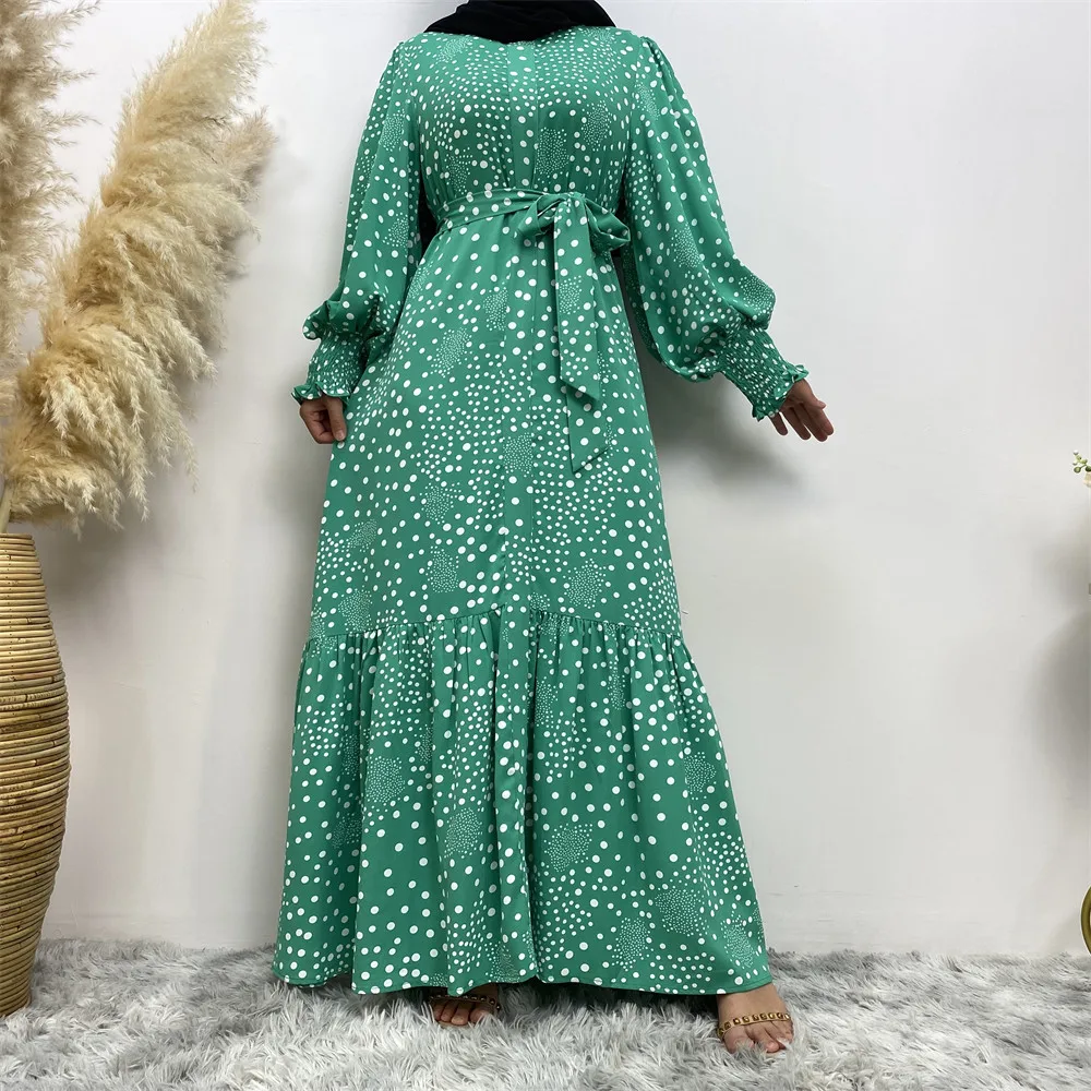 

Women Polka Dot Maxi Dress Muslim Abaya Dubai Turkey Kaftan Islamic Clothing Arabic Robe Femme Musulman Vestidos Marocain Caftan