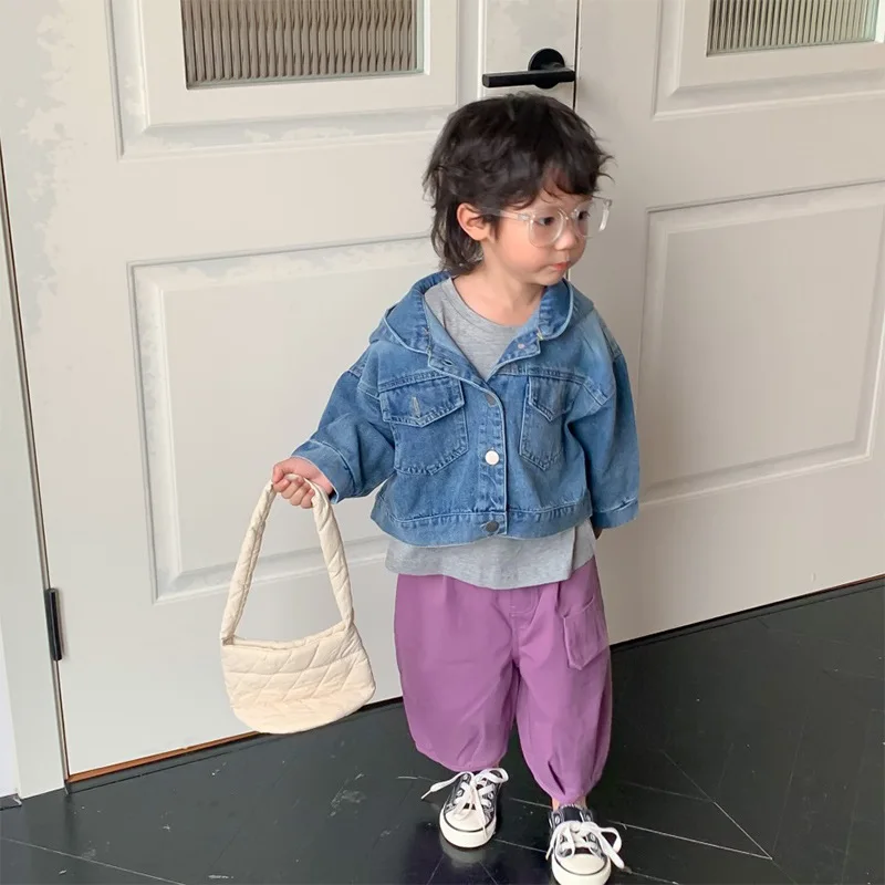 Childrens Clothing 2023 Spring New Korean Style Boys and Girls Hooded Denim Jacket Short Children Denim Clothing