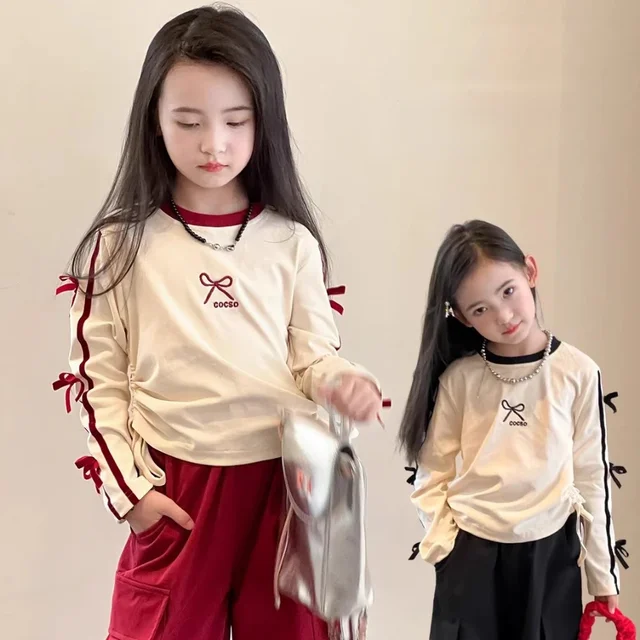 Vêtements pour filles, nouvelle mode d'automne, décoration avec nœud rouge, lettre brodée, haut à manches longues + pantalon de travail, ensemble 2 pièces, vêtements pour enfants 1
