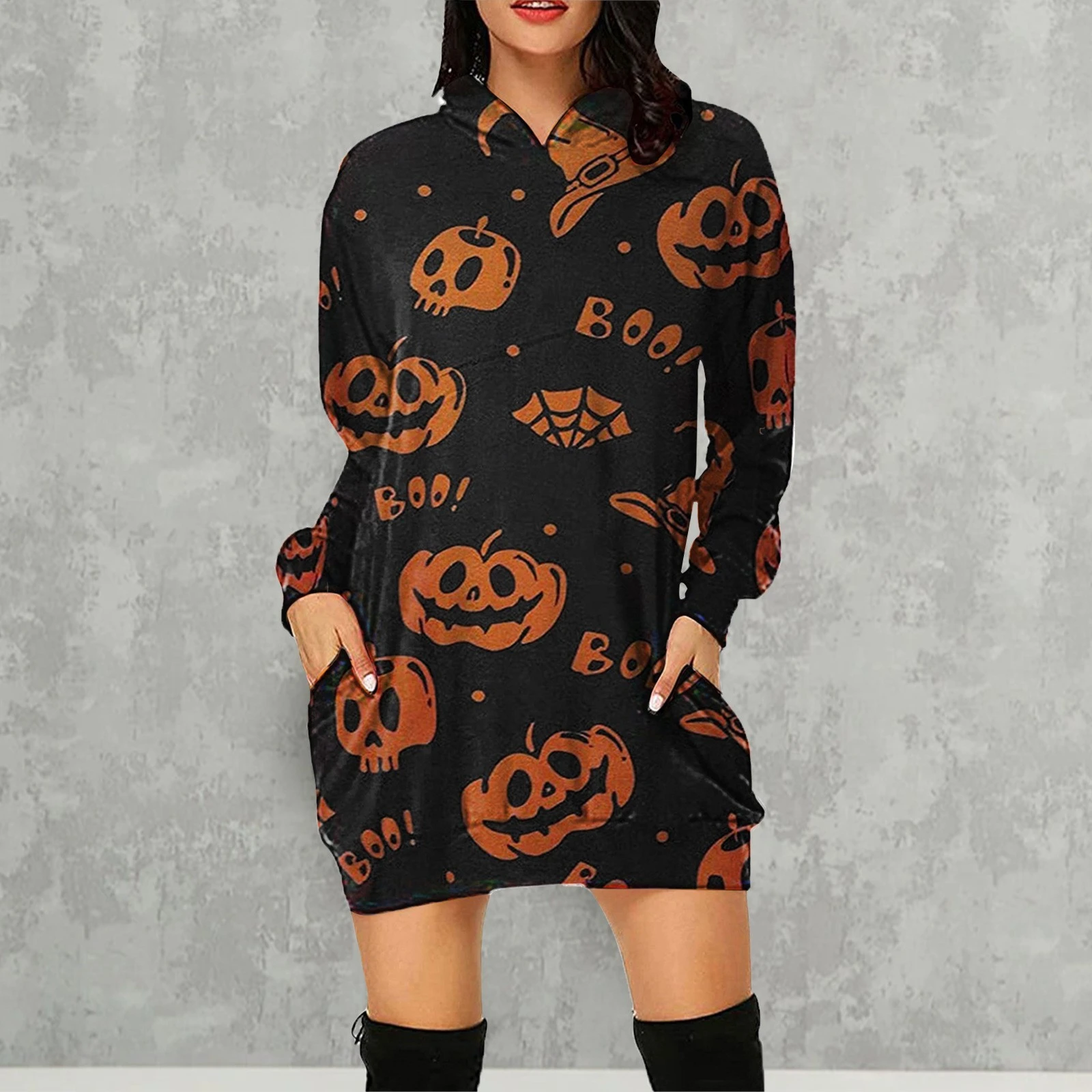 European and American Halloween Oversized Loose Hoodie Dress Sweater Fashion Dress Sweatshirt Dress 3D Allover Print Hoodie