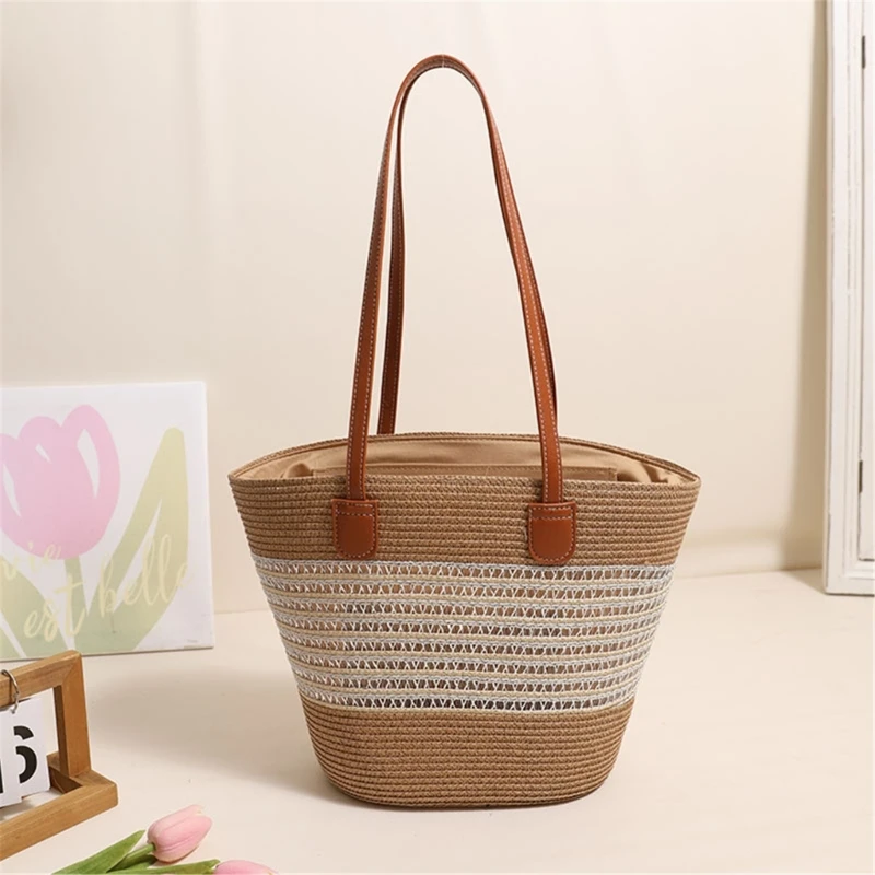 Round Woven Bag Large Capacity Zippered Shoulder Bag Handbag for Travel and Beach E74B