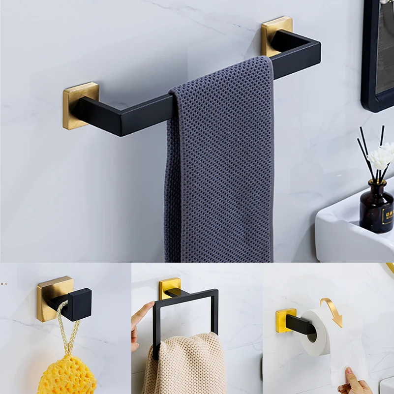 Black Gold Bathroom Hardware Set Wall Mount Stainless Steel Towel Bar Towel Ring Paper Holder Robe Hook Bathroom Accessories Set