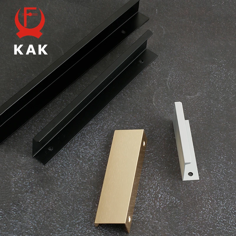 KAK Hidden Long Furniture Handles Black Kitchen Cabinet Handle Pulls Non Punched Aluminum Alloy Cupboard Door Handle Hardware Furniture Handles