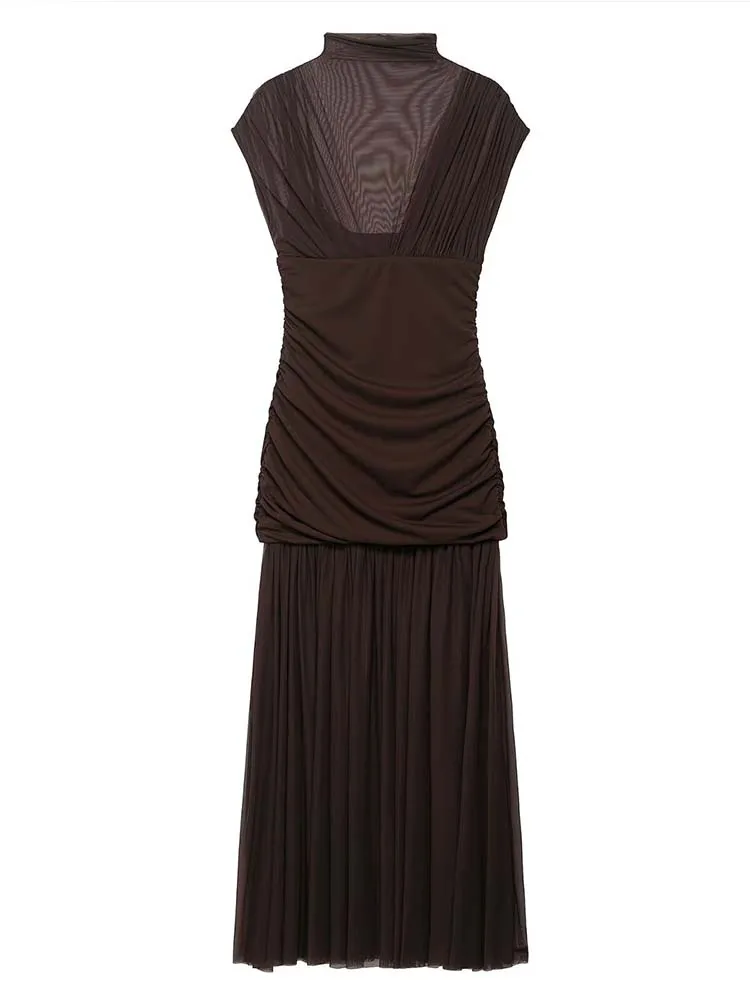 Gauze Wrinkle Splicing Long Dresses for Women Summer Backless Sexy Dress 2025 New Fashion Female Elegant Party Dresses