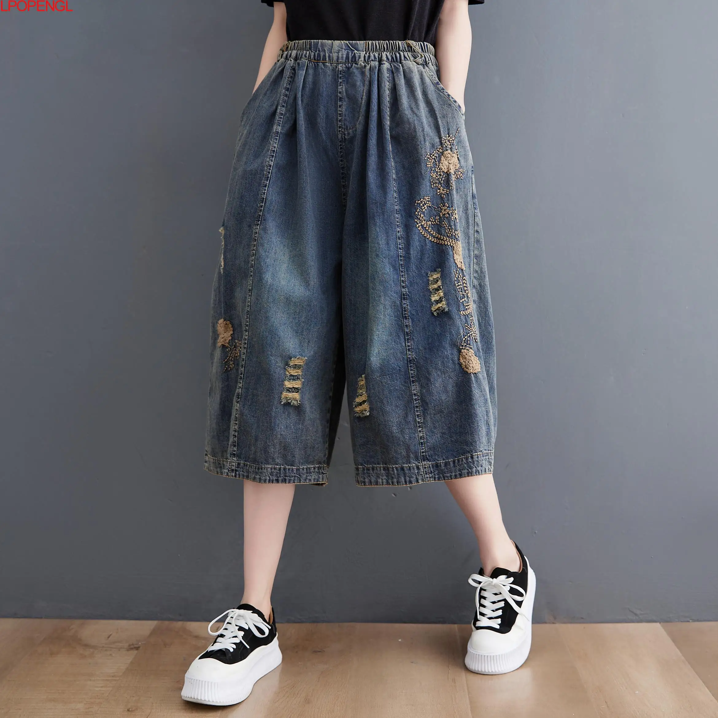 New 2022 Summer Streetwear Womens Vintage Ripped Jeans Holes Blue Denim Shorts Ladies Elastic Loose Thin Straight Wide Leg Pants