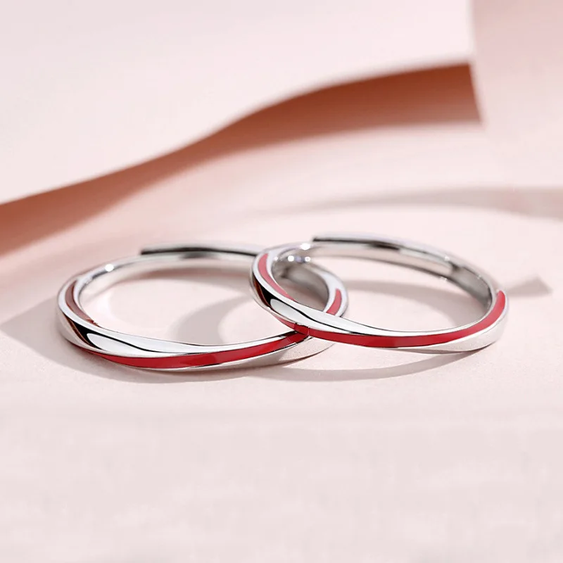 Personalized Simple Red Line For Man Women White And Red Color Design Round Line Opening Couple Ring Jewelry Wedding Gift
