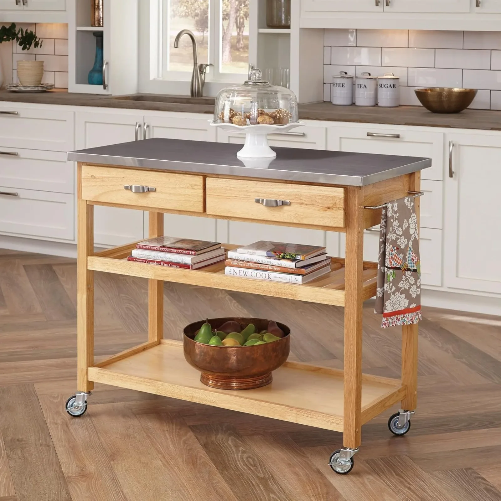US Home Styles Natural Designer Utility Kitchen Cart with Stainless Steel Top, Two Utility Drawers, Adjustable Shelf and