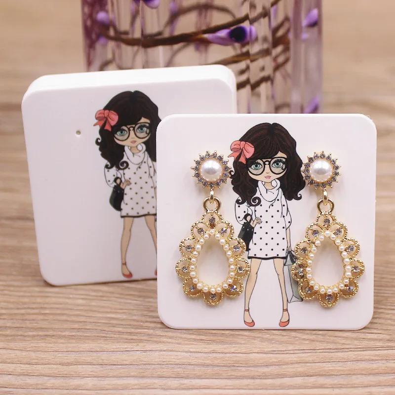 50Pcs 5x9cm White Paper print Girl Pattern earring card Glasses /Brown Face  Girl people Jewelry Display Packaging Cards Tags