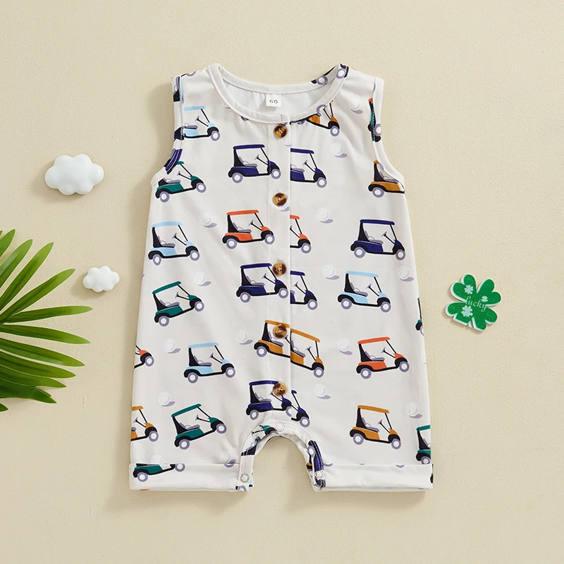 2024-04-02 Lioraitiin Baby Meisjes Jongens Romper Golfprint Mouwloze Knopen Ronde Hals Jumpsuits Zomer Casual Babykleding